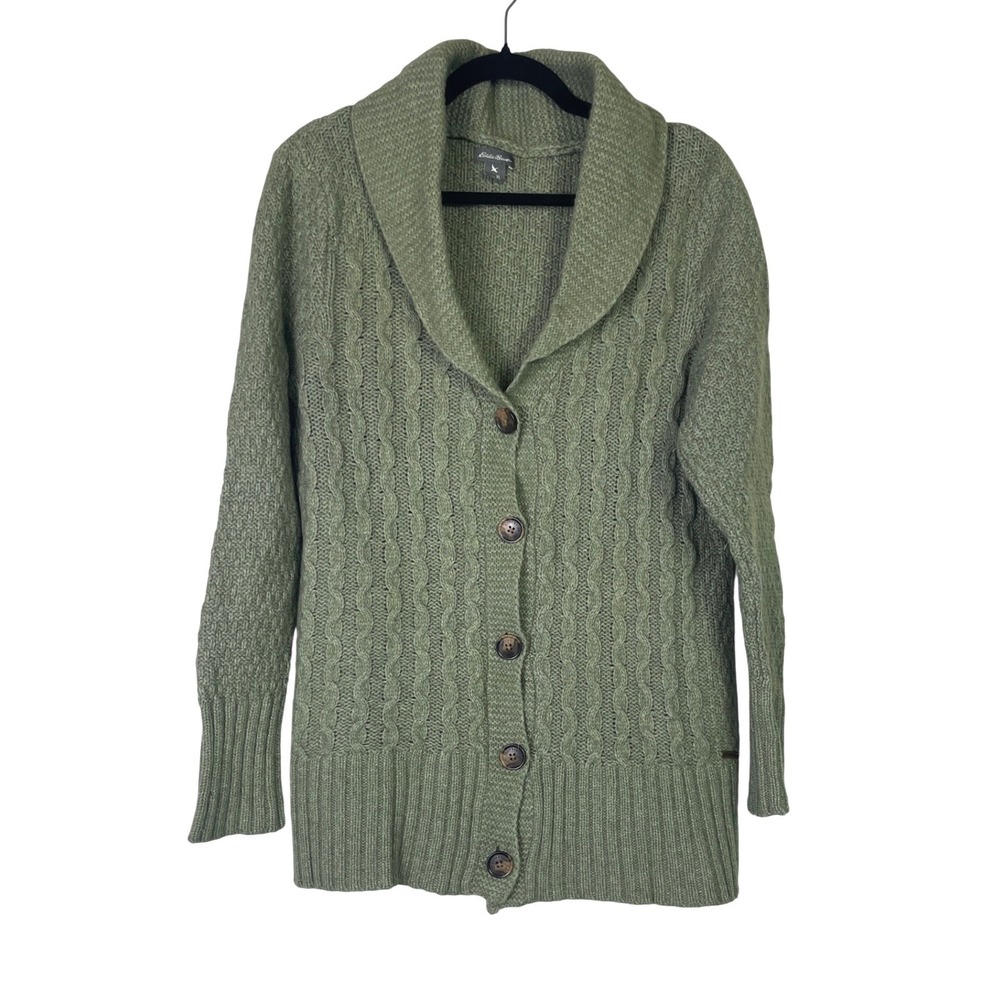 Eddie Bauer Cable Knit Shawl Collar Cardigan Sweater Womens XL‎ Fable Green
